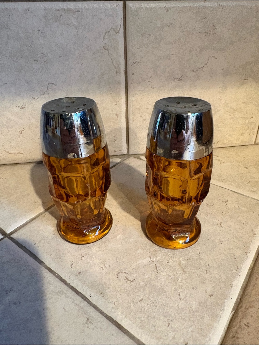 Mid Century Modern Amber Glass Salt & Pepper Shakers antique